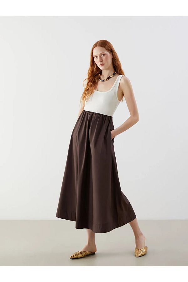 LC Waikiki-Lcw Vision Ecru Square Neck Color Block Midi Dress 1