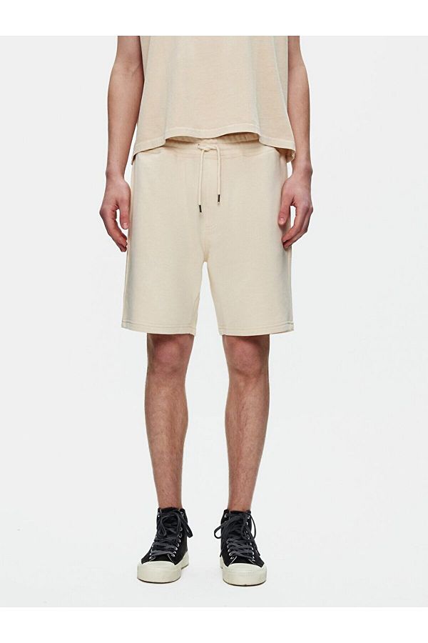 Ltb-Basic Text Printed Knitted Beige Shorts 1
