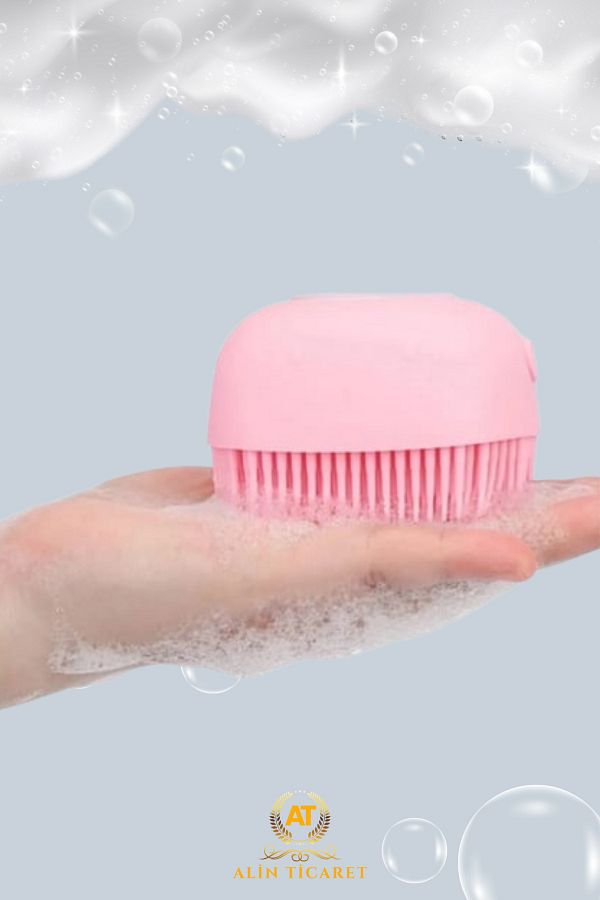 ALİN-Silicone Exfoliating Shower Brush with Shampoo Chamber Pink 1