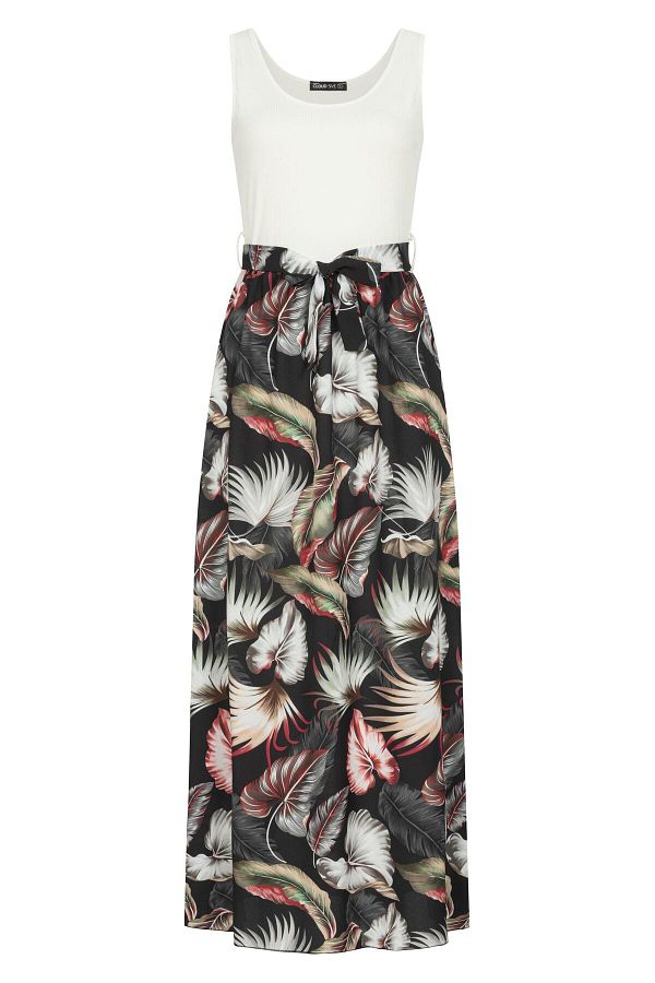 Cloud5ive-Damen Tank Top Maxi Kleid 2-tone Mit Bindegürtel Tropical Print 1