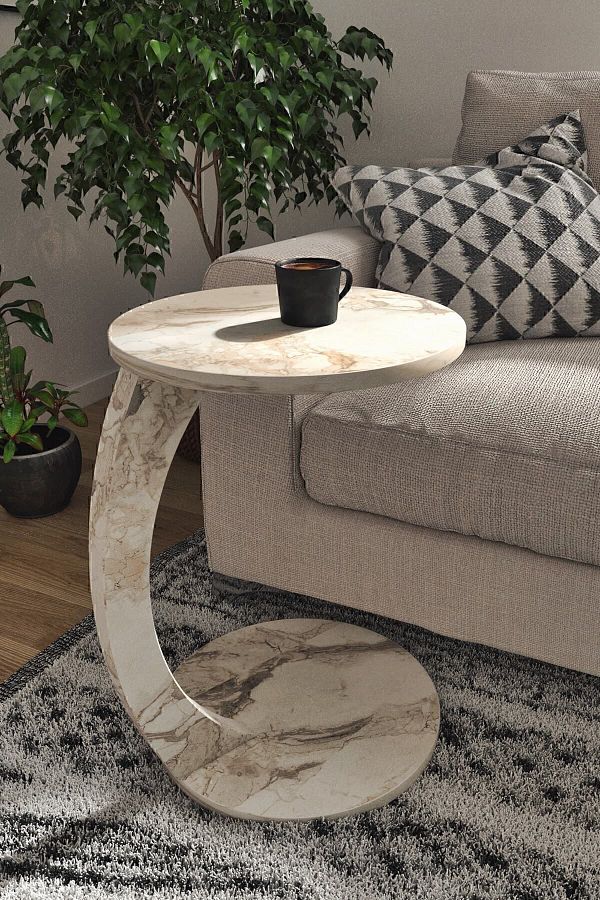 interGO-C-shaped Round End Table With Rolling Wheels - White Marble Pattern 1