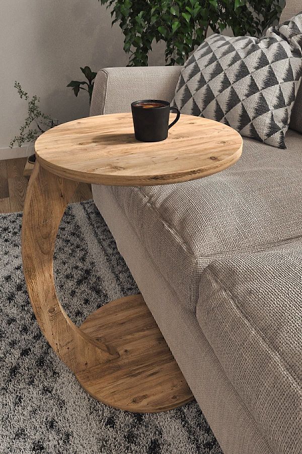 interGO-C-shaped Round End Table With Rolling Wheels - Atlantic Pine Pattern 1