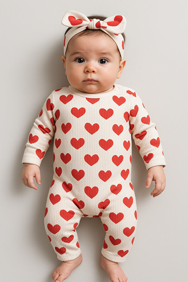 nevrankids Heart Big Pattern 2'li Bandanalı Patiksiz Tulum Set