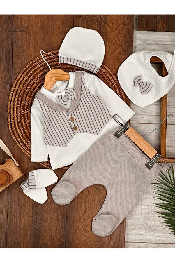 Kids Kingdom Yüksek Kalite Pamuk Çizgili Erkek Bebek 5li Hastane Çıkış Seti