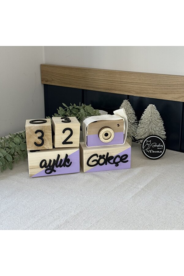 Baykuş Craft Mimarlık İsimli - 3 Boyutlu Bebek Ahşap Hatıra Küpü Anı Küpü Ahşap Oyuncak Fotoğraf Makinesi Seti/türkçe/lila
