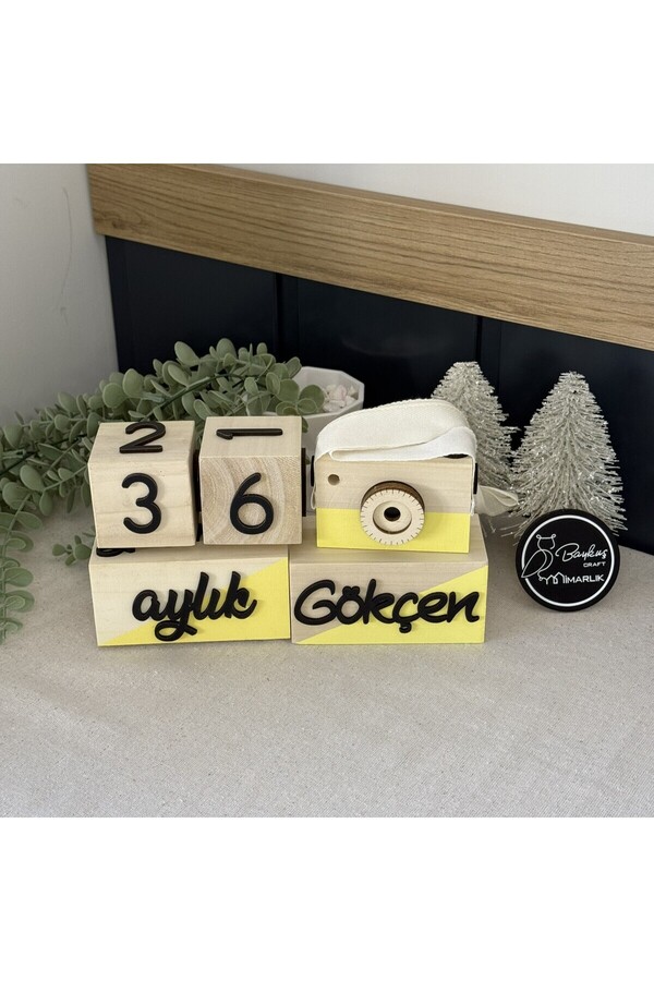 Baykuş Craft Mimarlık İsimli - 3 Boyutlu Bebek Ahşap Hatıra Küpü Anı Küpü Ahşap Oyuncak Fotoğraf Makinesi Seti/türkçe/sarı
