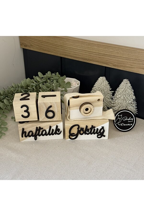 Baykuş Craft Mimarlık İsimli - 3 Boyutlu Bebek Ahşap Hatıra Küpü Anı Küpü Ahşap Fotoğraf Makinesi Seti/türkçe/beyaz