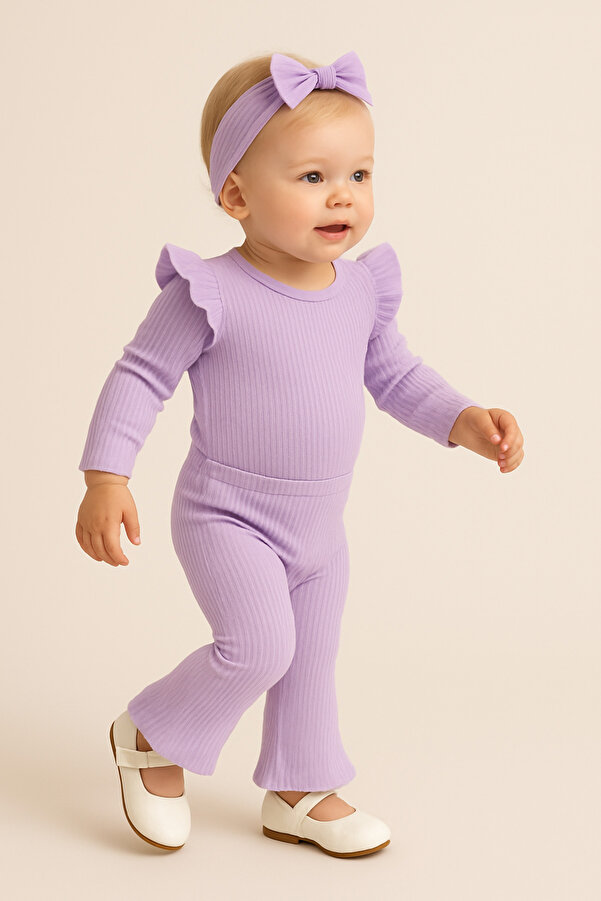 nevrankids Kız Bebek Ispanyol Paça 3'lü Takım 0-2 Yaş Lila - Pembe