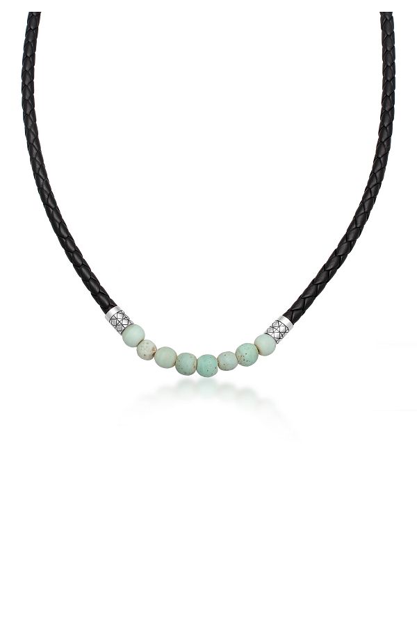 KUZZOI-Halskette Herren Glasperlen Basic mit Leder in 925 Sterling Silber 1