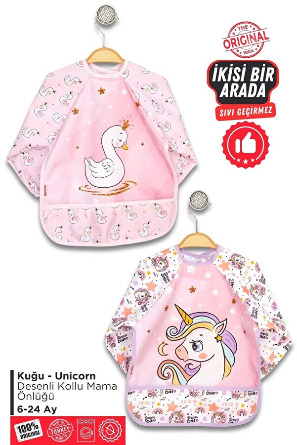 Genel Markalar BABY ENİA 2 Adet Set Kombin Sevimli At-kuğu 0-3 Yaş Sıvı Geçirmez Bebek Mama Önlüğü
