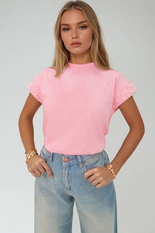 Trend Alaçatı Stili-Women's Pink Crew Neck Pearl Studded Sleeveless Blouse Alc-X13522 1