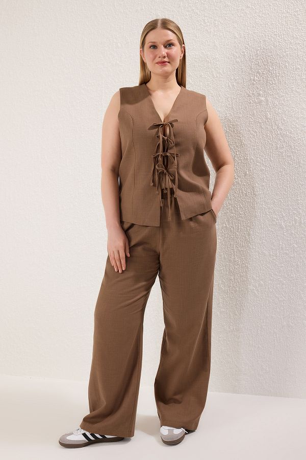 Trendyol Curve-Brown Wide Leg Linen Look Front Drawstring Bottom Top Set Tbbss25Cp00026 1