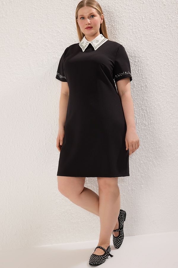 Trendyol Curve-Μαύρο Finike Woven Φόρεμα Plus Size 1