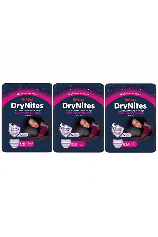 Huggies DRYNİTES EMİCİ GECE KÜLOT BEZ KIZ 8-13 YAŞ 9 LU 3 PAKET