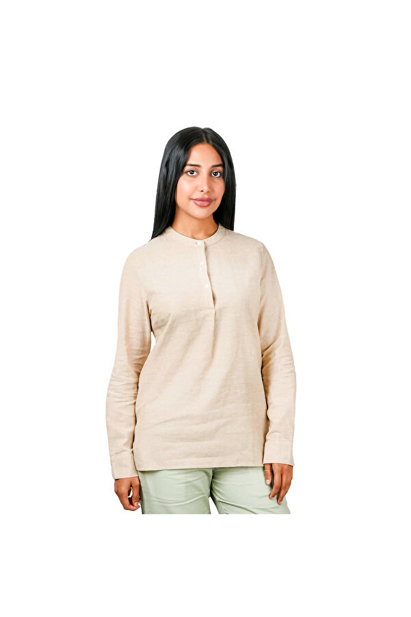 Giordano Women Premium Linen-Cotton Poplin Shirt Stand Collar