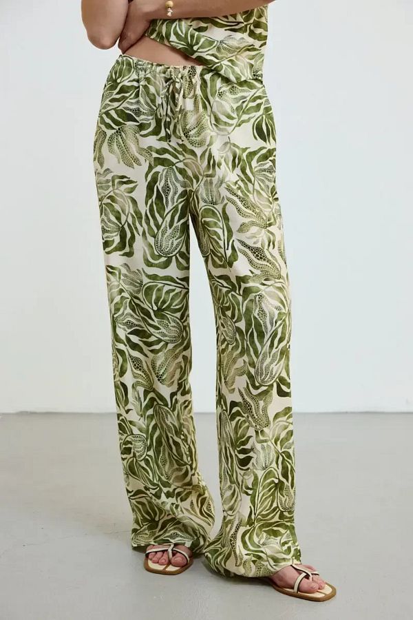 Gusto-Patterned Wide Leg Trousers with Elastic Waist - Khaki 1