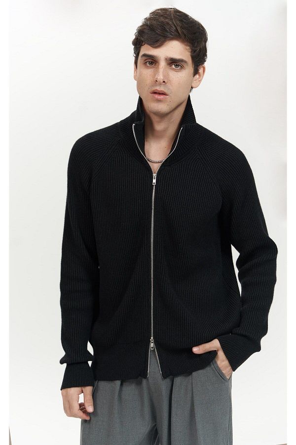 MAİ COLLECTİON-Μαύρο ανδρικό πλεκτό πουλόβερ Brock Full Zip 1