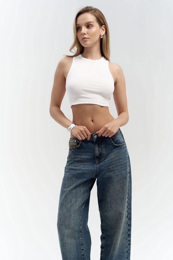 MAİ COLLECTİON-Fleur Ribbed Halter Collar White Crop 1