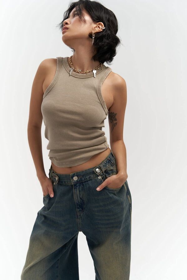MAİ COLLECTİON-Dirty Blue Jeans with Port Belt Detail 1