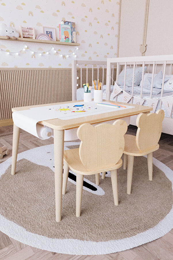 OBİ Atölye Ahşap Oyun Aktivite Masası Suya Karşı Dayanıklı Ahşap 2 adet Ayıcık Sandalyeli