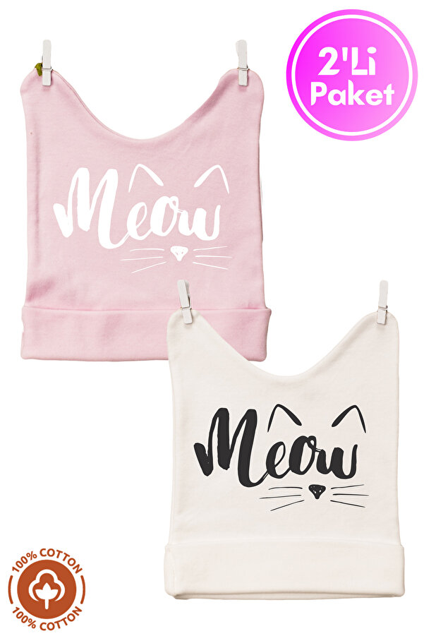 Miniel Unisex Bebek Meow Baskılı 0-6 Ay Penye Organik Pamuklu 2Li Bebek Bere Renkli Set