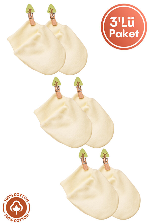 Miniel Unisex Bebek Yenidoğan Penye Organik Pamuklu Bebek Eldiveni 3 Çift Renkli Set