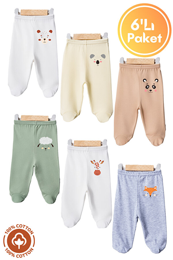 Miniel Unisex Bebek Penye Organik Pamuklu Hayvan Figür Baskılı 0-6 Ay Patikli Bebek Tek Alt 6'lı Set