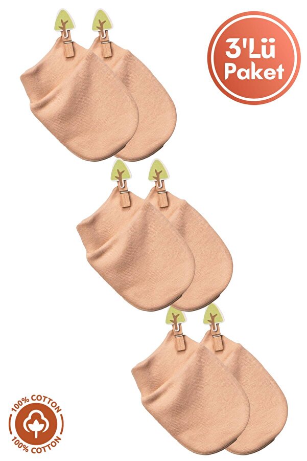 Miniel Unisex Bebek Yenidoğan Penye Organik Pamuklu Bebek Eldiveni 3 Çift Renkli Set
