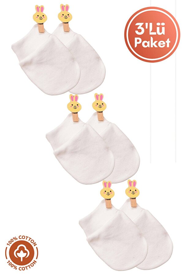 Miniel Unisex Bebek Yenidoğan Penye Organik Pamuklu Bebek Eldiveni 3 Çift Renkli Set