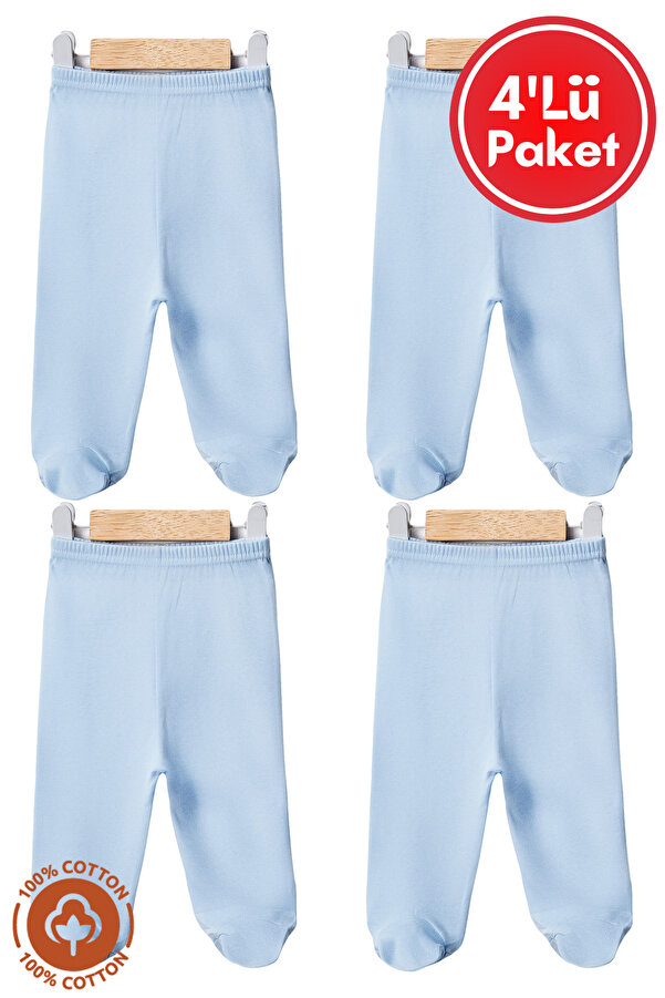 Miniel Erkek Bebek Penye Organik Pamuklu 0-6 Ay Patikli Bebek Tek Alt 4'lü Set - Mavi