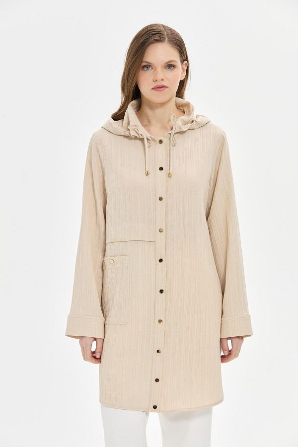 Esswaap-Hooded Detailed Wear-Out Tunic Beige 1