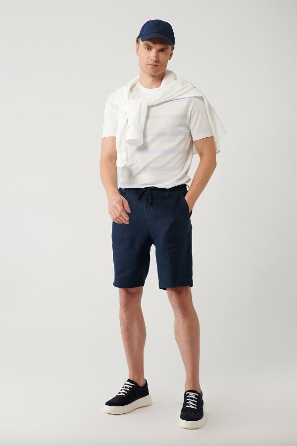 Avva-Marineblaue Assos-Shorts aus 100 % Leinen mit elastischem Bund für Herren A41y3710 1