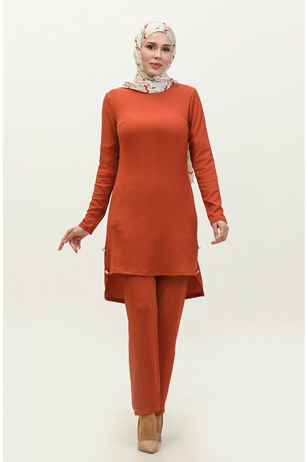 sefamerve-Brick Color Tunic and Trousers Double Set - Button Detail 0101DA-03 1