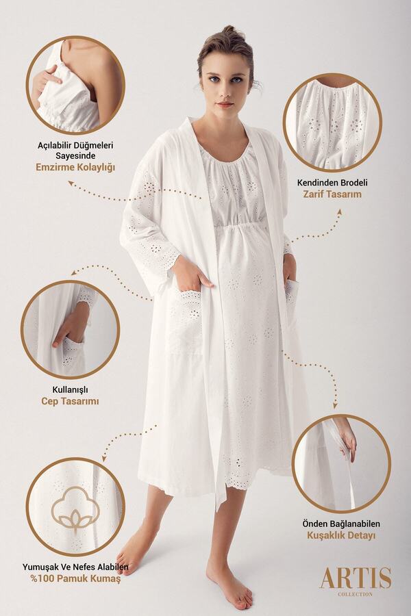 Artış Dokuma Pamuklu Askılı Hamile Gecelik Sabahlık Takım