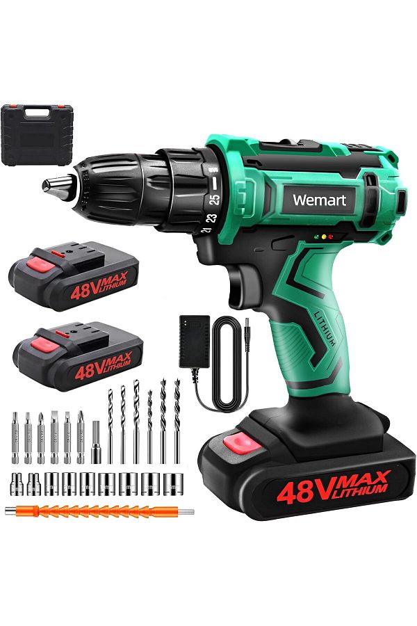 Wemart-48V Cordless Drill Set, Electric Drill with 2 Battery and Charger, and 24Pcs Drill Bits 1