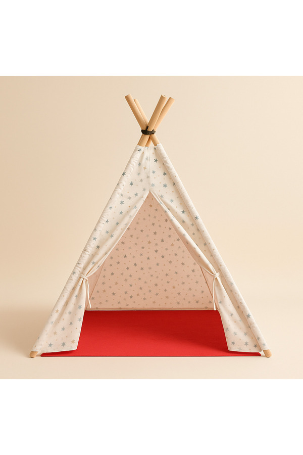 Molie Zikzak Desenli Oyun Çadırı - %100 Pamuk, 75 cm Gürgen Ahşap Direk, Zemin Matı ve Bağlama İpi Seti