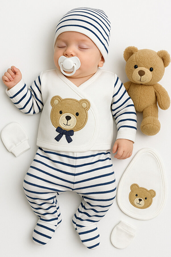 VERONA TARZ Yeni Sezon Kutulu Ayıcıklı 5li Hastane Çıkış Seti Erkek Bebek Yenidoğan Kıyafeti