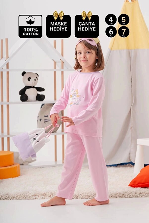Genel Markalar Unicorn Desenli Çanta Ve Maskeli % 100 Pamuk Kız Çocuk Pijama Takımı