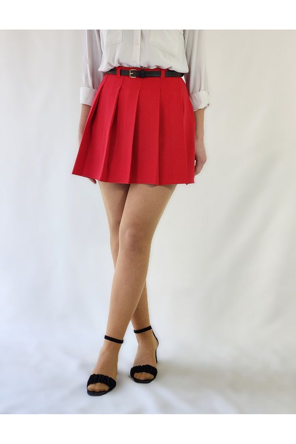 YAXİ-Red Woven Pleated Skirt with Belt High Waist 1