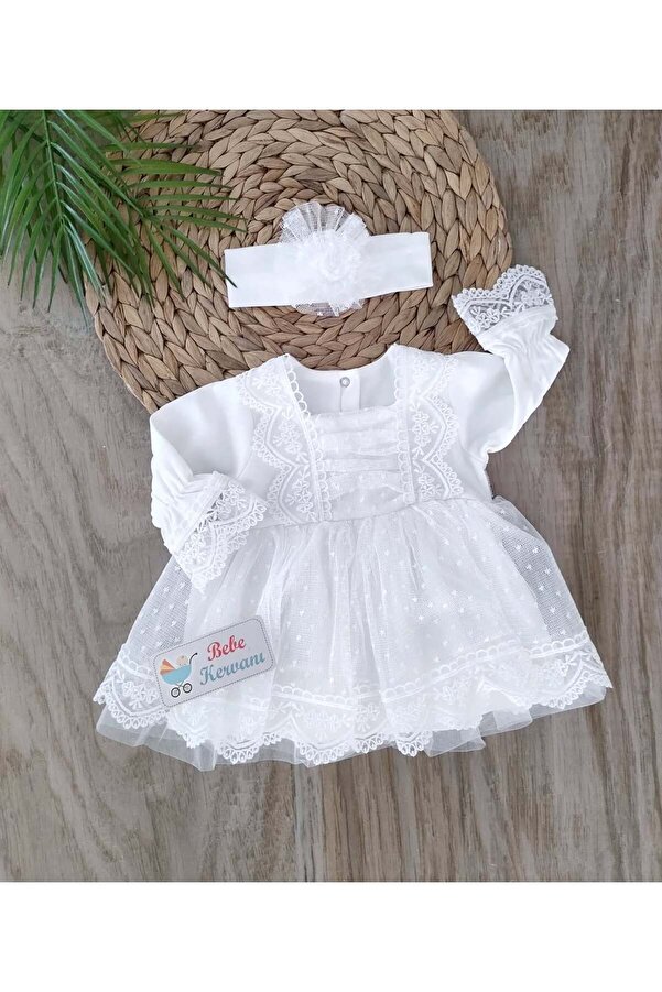 bebe kervanı Kız Bebek% 100 Pamuklu Beyaz Tüllü Dantelli Mevlüt Elbisesi BBK1370