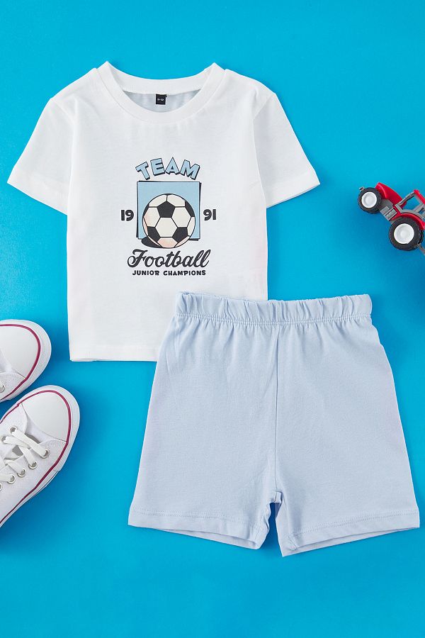TRENDYOLKIDS-Ecru Baby Boy 100% Cotton Football Printed Short Sleeve Knitted Top-Bottom Set Tkdss25Au00156 1
