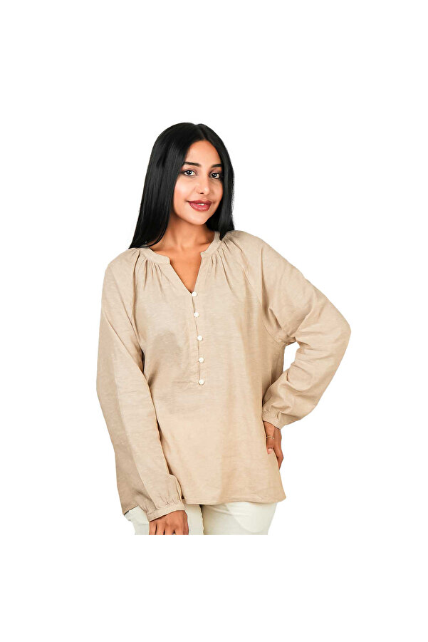 Giordano Women's Linen-Cotton Poplin V-Neck Long Sleeve Shirt