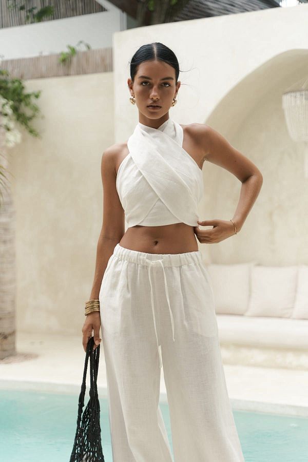 BOHEMAİ-White Linen Crop Trousers Set - Moira 1