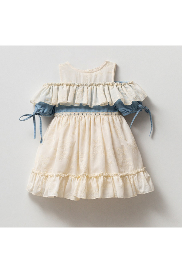 Noy Noy Kız Bebek Fırfırlı Denim Vual Elbise Bayramlık Elbise