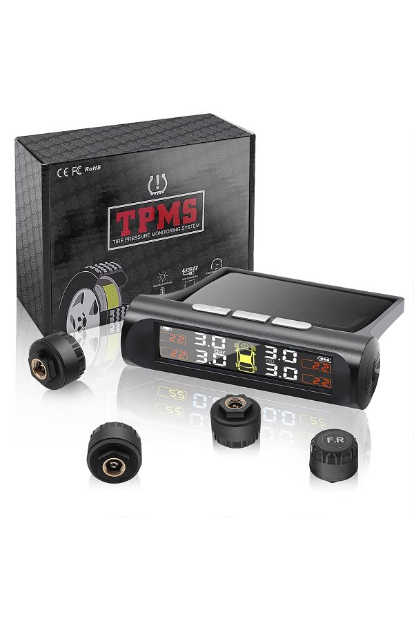Choice-Black With External Sensor Solar Tpms Tire Pressure Monitoring System Lcd Car Tyre Pressure Alarm Te 1