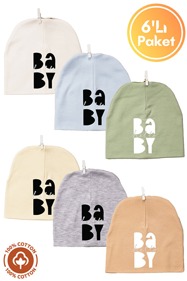 Miniel Unisex Baby Baskılı Çift Katlı Bebek Penye Organik Pamuklu Yenidoğan 6Lı Bebek Bere Set