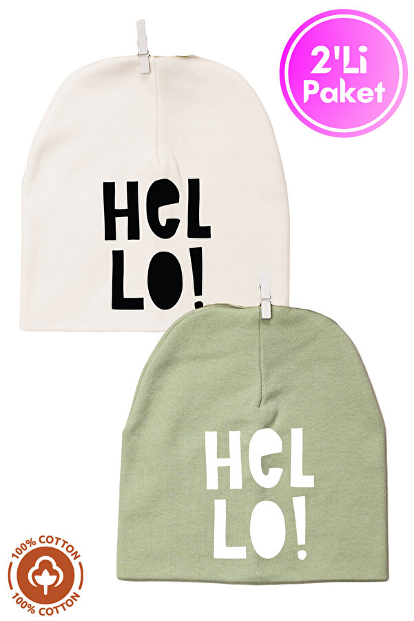 Miniel Unisex Bebek Hello Baskılı Penye Organik Pamuklu Yenidoğan 2Li Bebek Bere Renkli Set