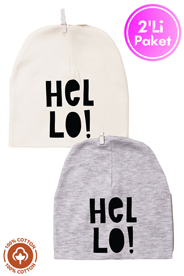 Miniel Unisex Bebek Hello Baskılı Penye Organik Pamuklu Yenidoğan 2Li Bebek Bere Renkli Set