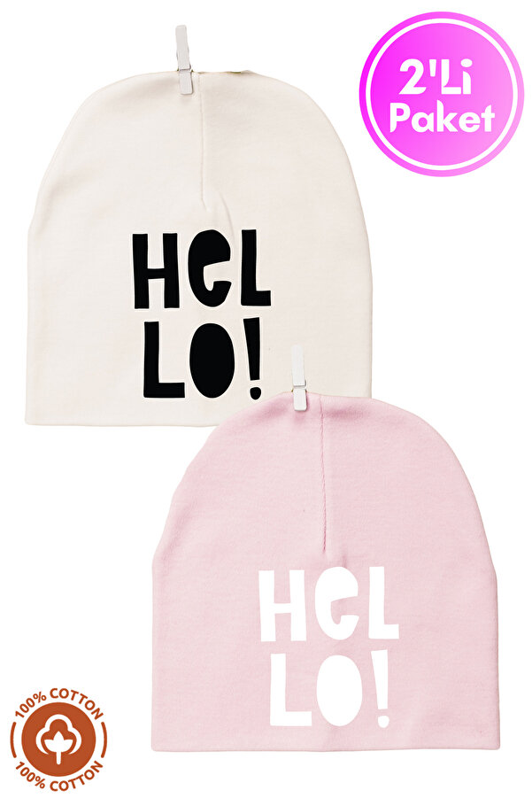 Miniel Unisex Bebek Hello Baskılı Penye Organik Pamuklu Yenidoğan 2Li Bebek Bere Renkli Set