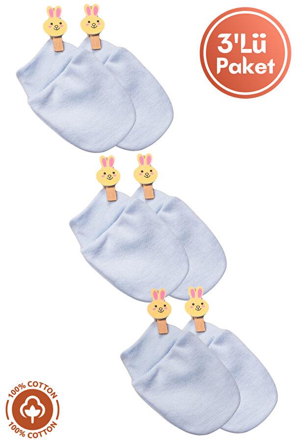 Miniel Unisex Bebek Yenidoğan Penye Organik Pamuklu Bebek Eldiveni 3 Çift Renkli Set